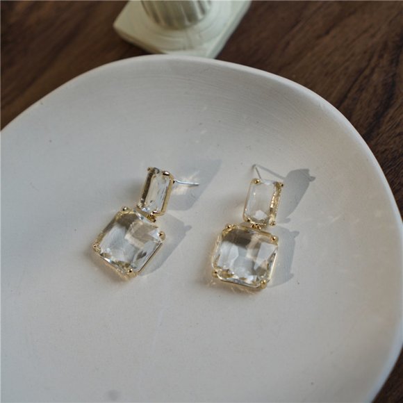 NEW Gold Double Crystal Square Drop Earrings - Picture 4 of 6